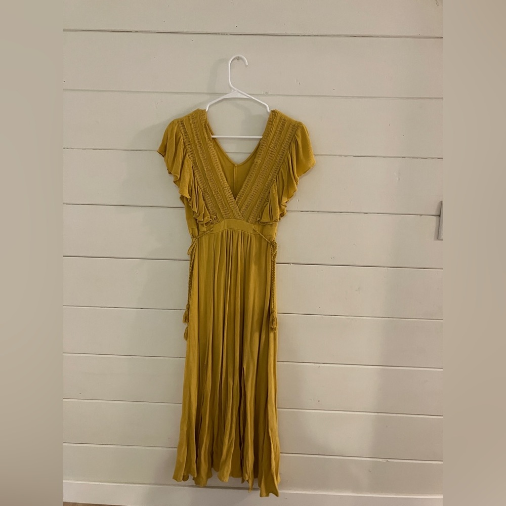 Baltic Born Mustard Yellow V-Neck Ruffle Midi Dress